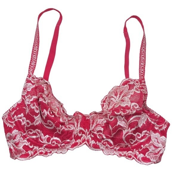 Wacoal Lost in Lace Underwire Bra sz 32D * Red & Cream Unlined Floral Scalloped - Picture 1 of 5